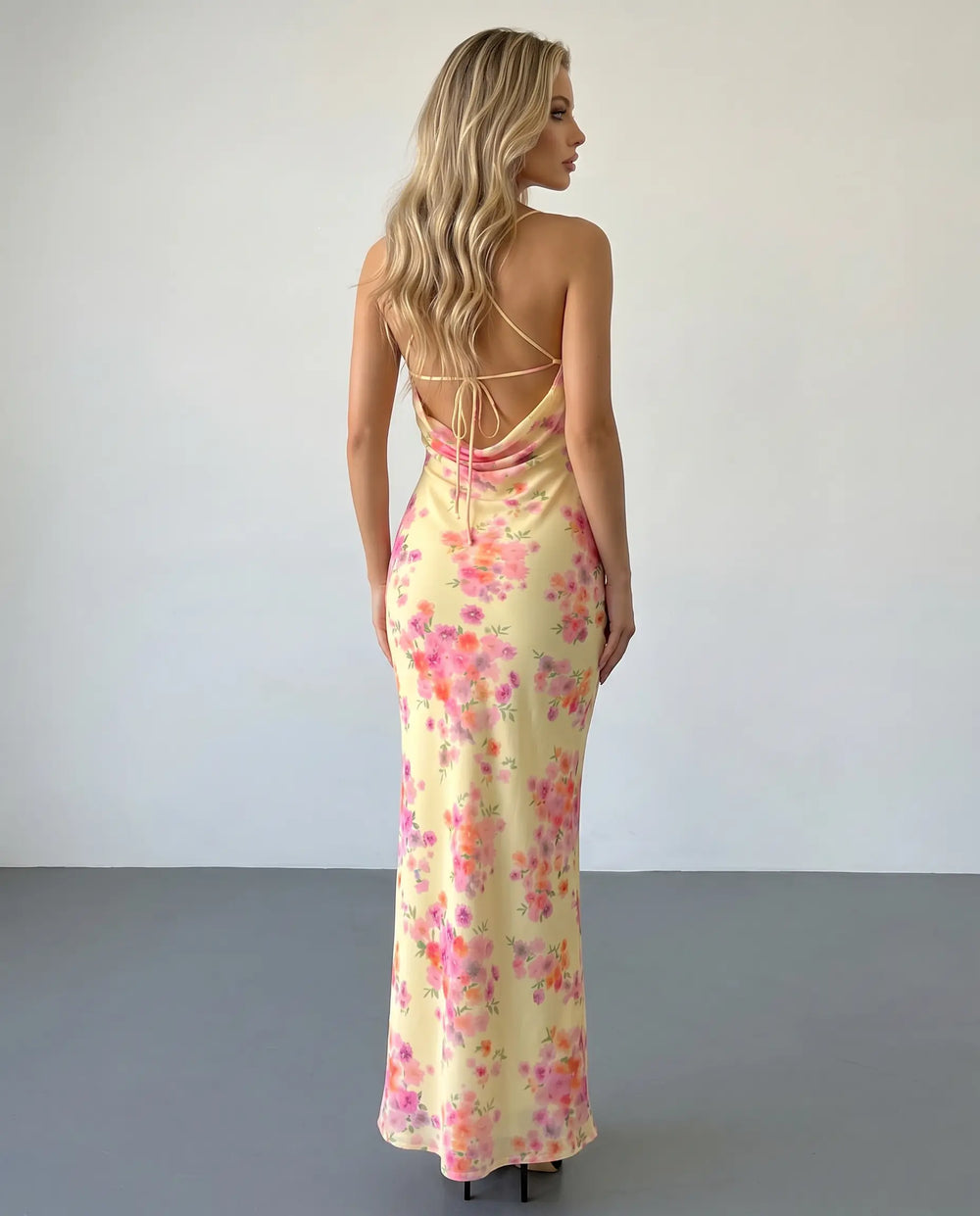 SOLACE  Yellow Floral Print Criss Cross Backless Maxi Dress 