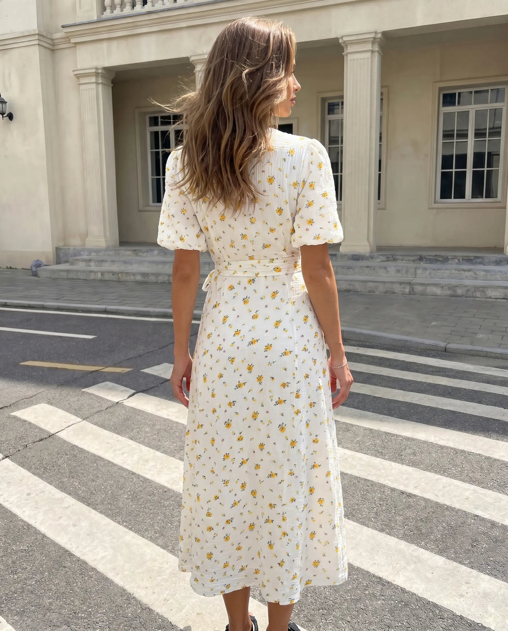 SOLACE  White Yellow Floral Wrap Midi Dress 
