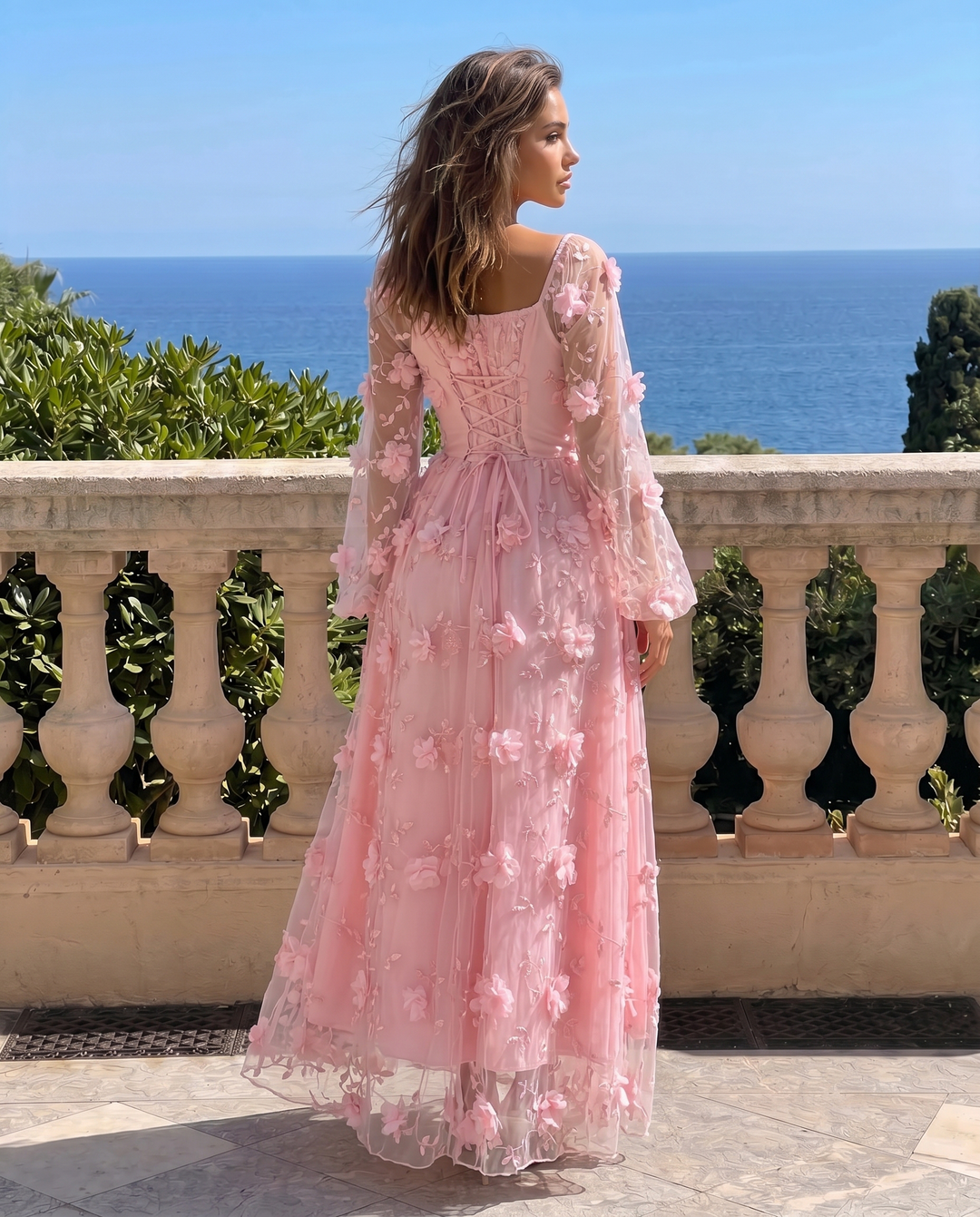 SOLACE  Pink 3D Floral Lace Square Neck Puff Sleeve Midi Dress 