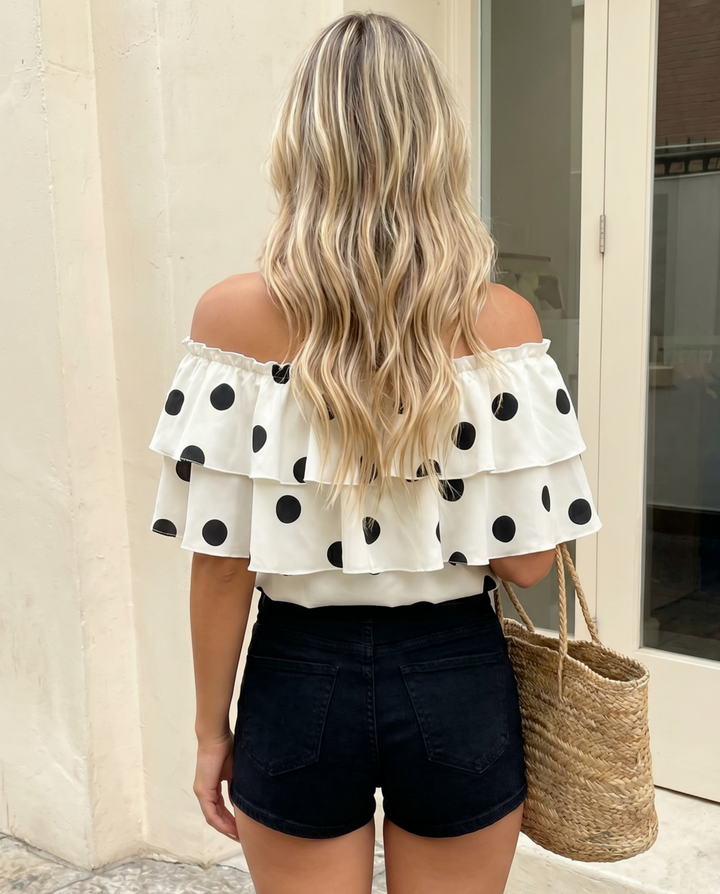 SOLACE  Beige Elegant Ruffle Layered Off Shoulder Slim Fit Ruffle Top 