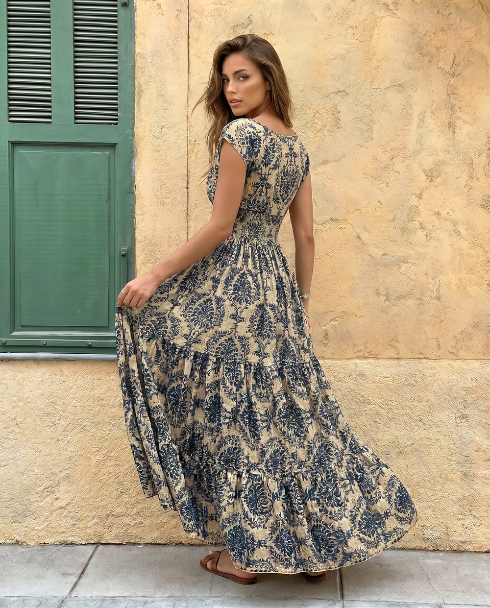 SOLACE  Beige Navy Floral V-Neck Cap Sleeve Smocked Tiered Maxi Dress 