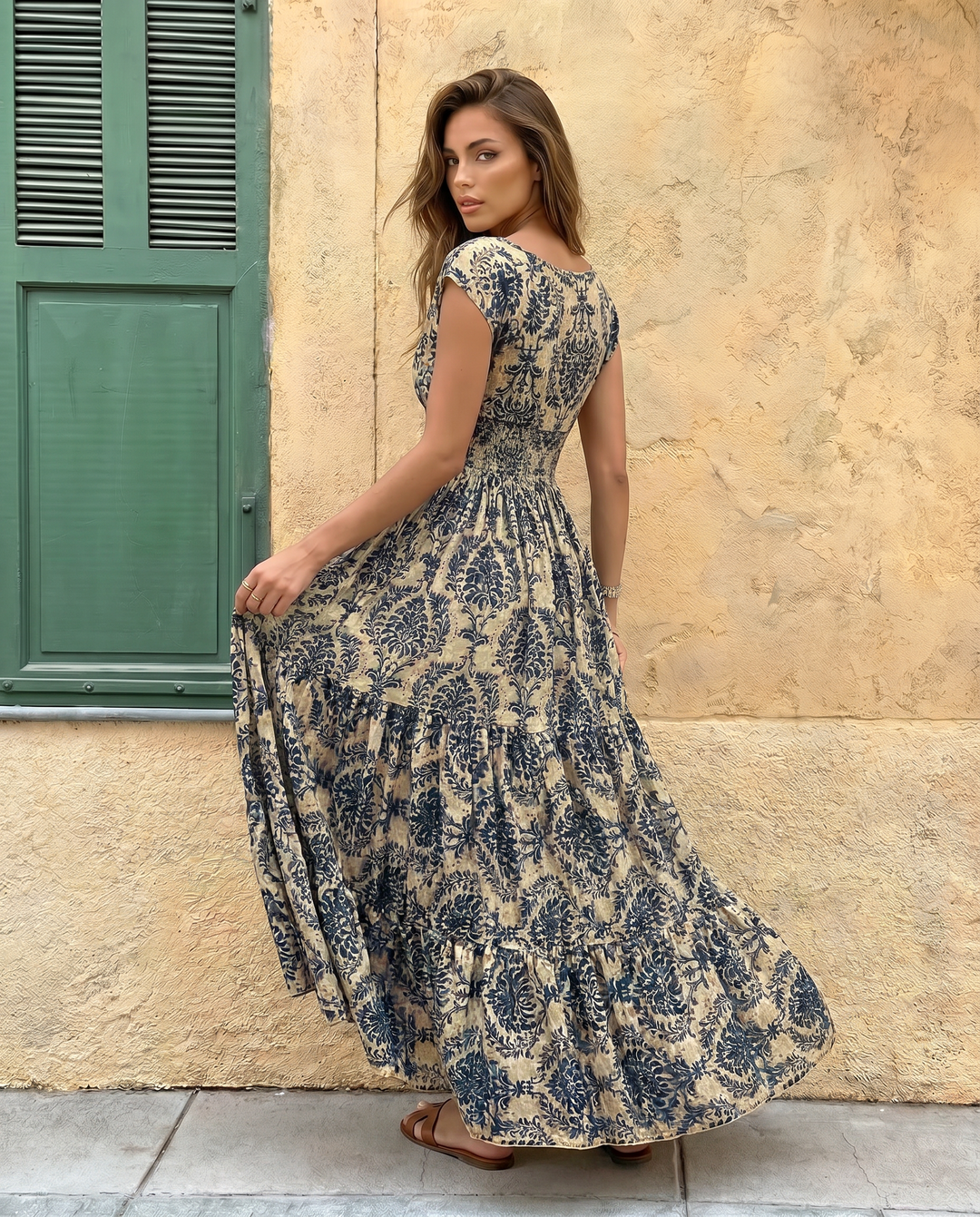 SOLACE  Beige Navy Floral V-Neck Cap Sleeve Smocked Tiered Maxi Dress 