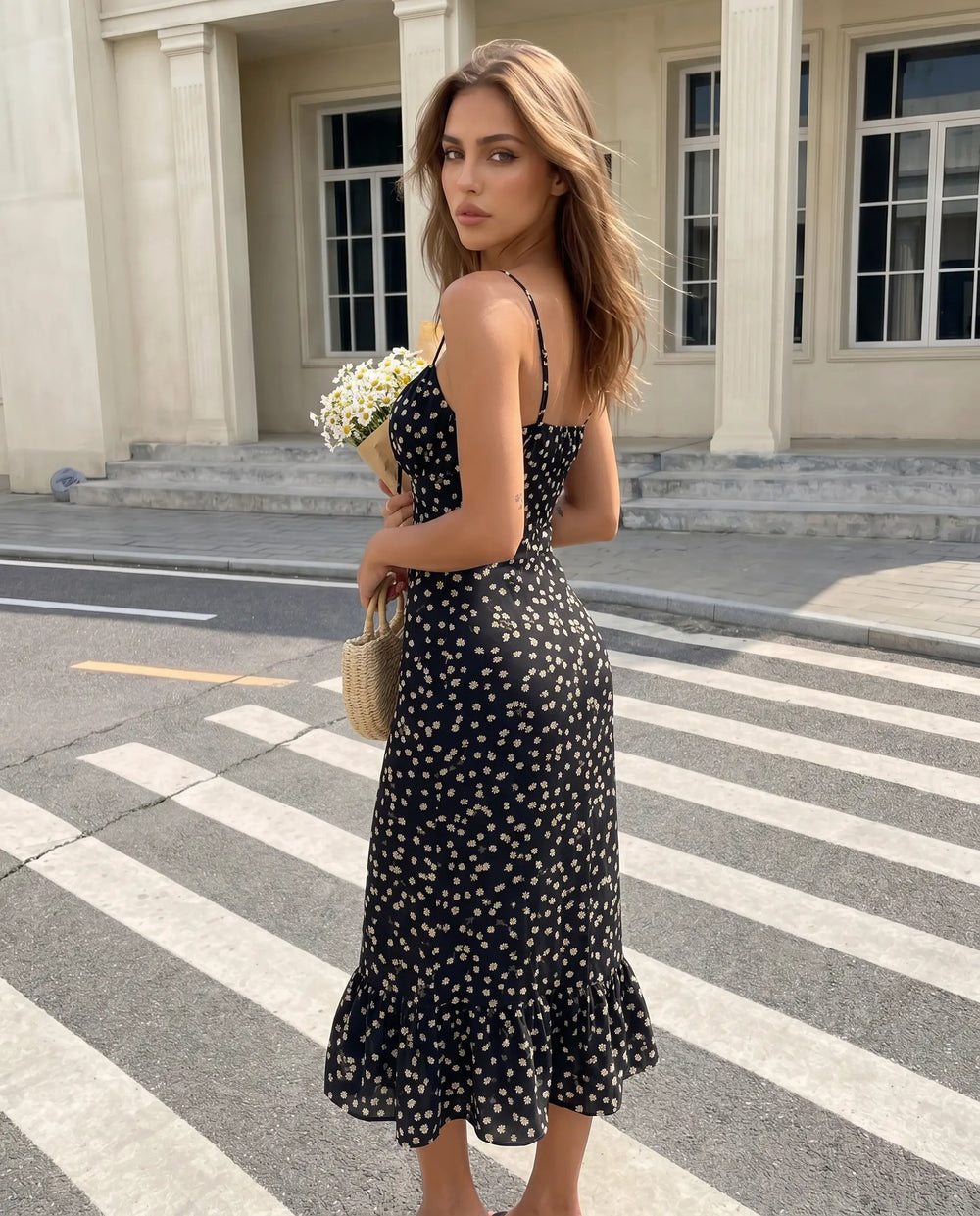 SOLACE  Black Floral Print Spaghetti Strap Midi Dress 