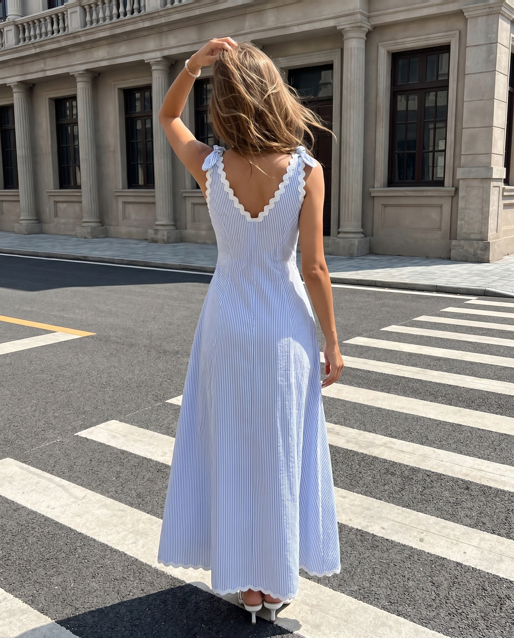 SOLACE  Light Blue V Neck Lace Trim Striped Regular Fit Midi Dress 