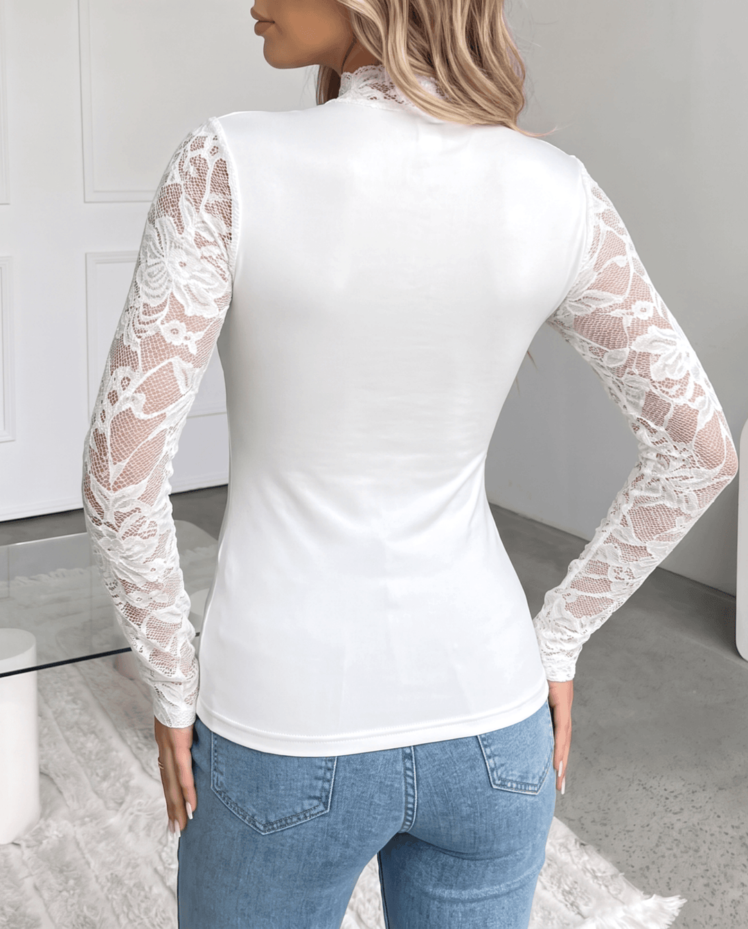 Sweetheart Neck Sheer Lace Long Sleeve T-Shirt