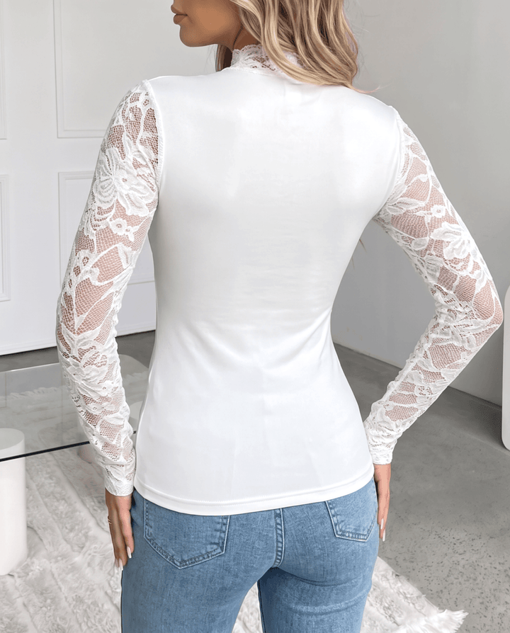 Sweetheart Neck Sheer Lace Long Sleeve T-Shirt