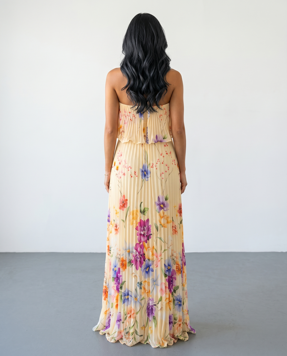 SOLACE  Yellow Floral Print Pleated Strapless Maxi Dress 