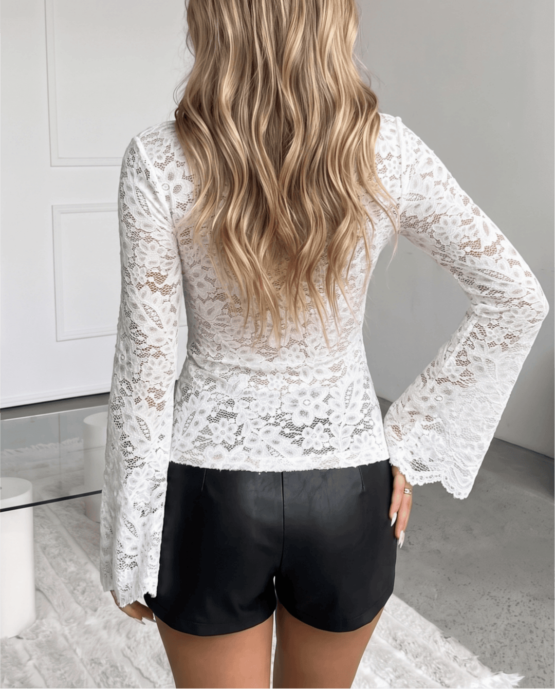 Scalloped V Neck Floral Lace Flare Sleeve T-Shirt
