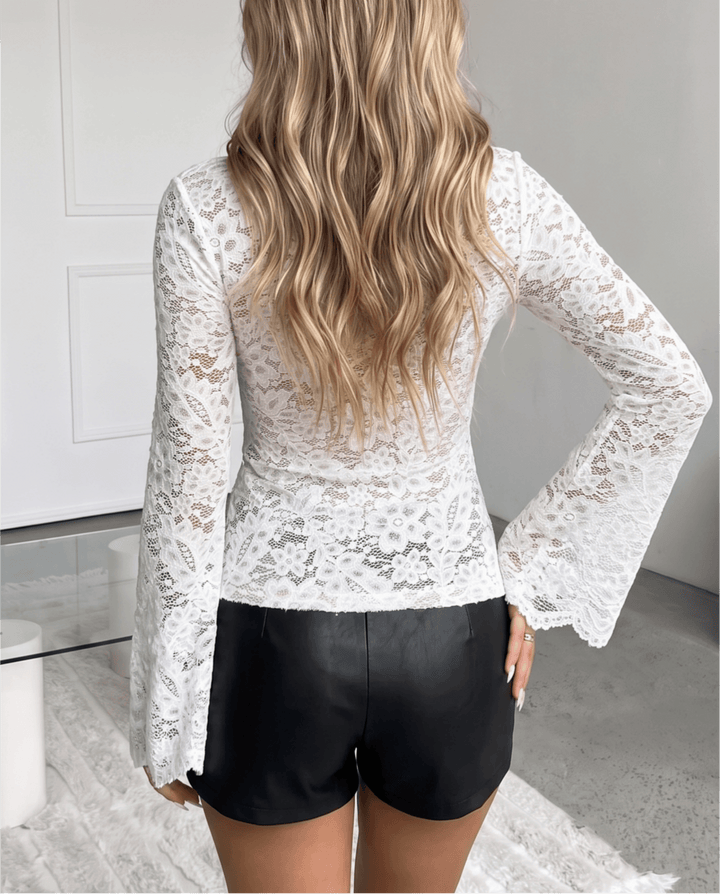 Scalloped V Neck Floral Lace Flare Sleeve T-Shirt