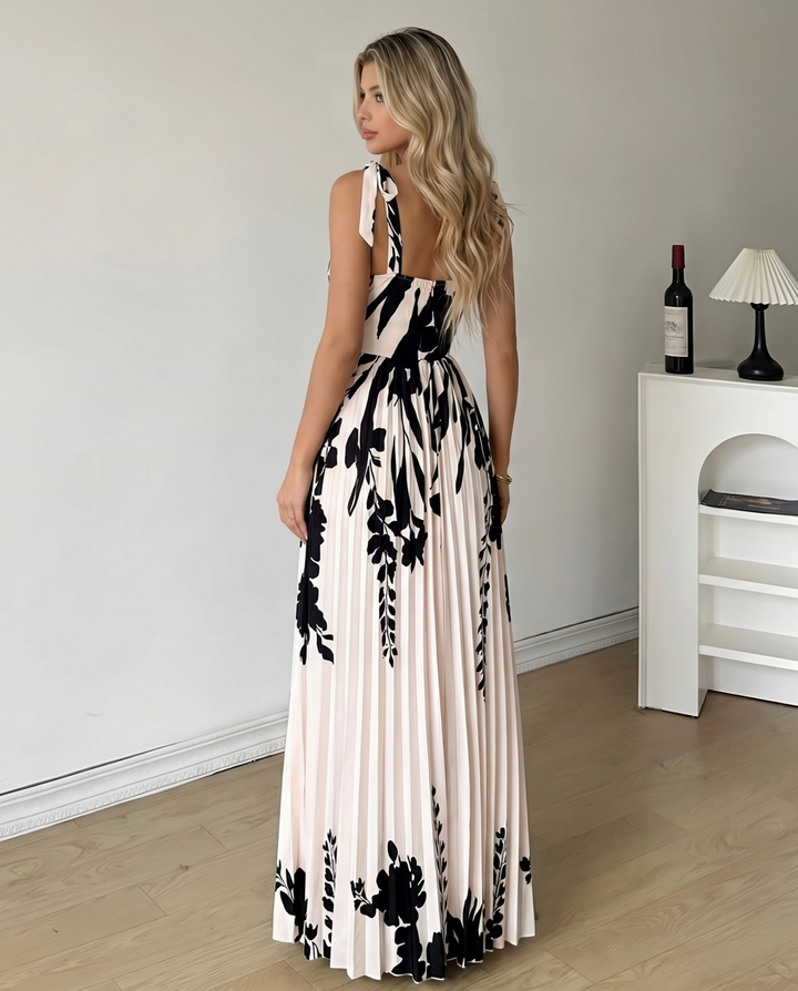 SOLACE  Cream Black Silhouette Floral Tie Strap Pleated Maxi Dress 