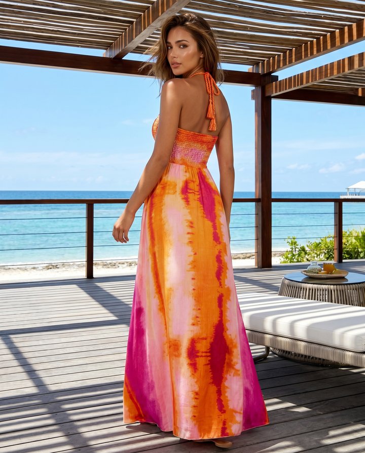 Orange Tie Dye Halter Smocked Bust Flowy Maxi Dress