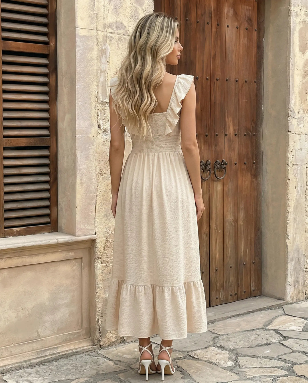 SOLACE  Apricot Ruffle Trim Smocked Waist Sleeveless Midi Dress 