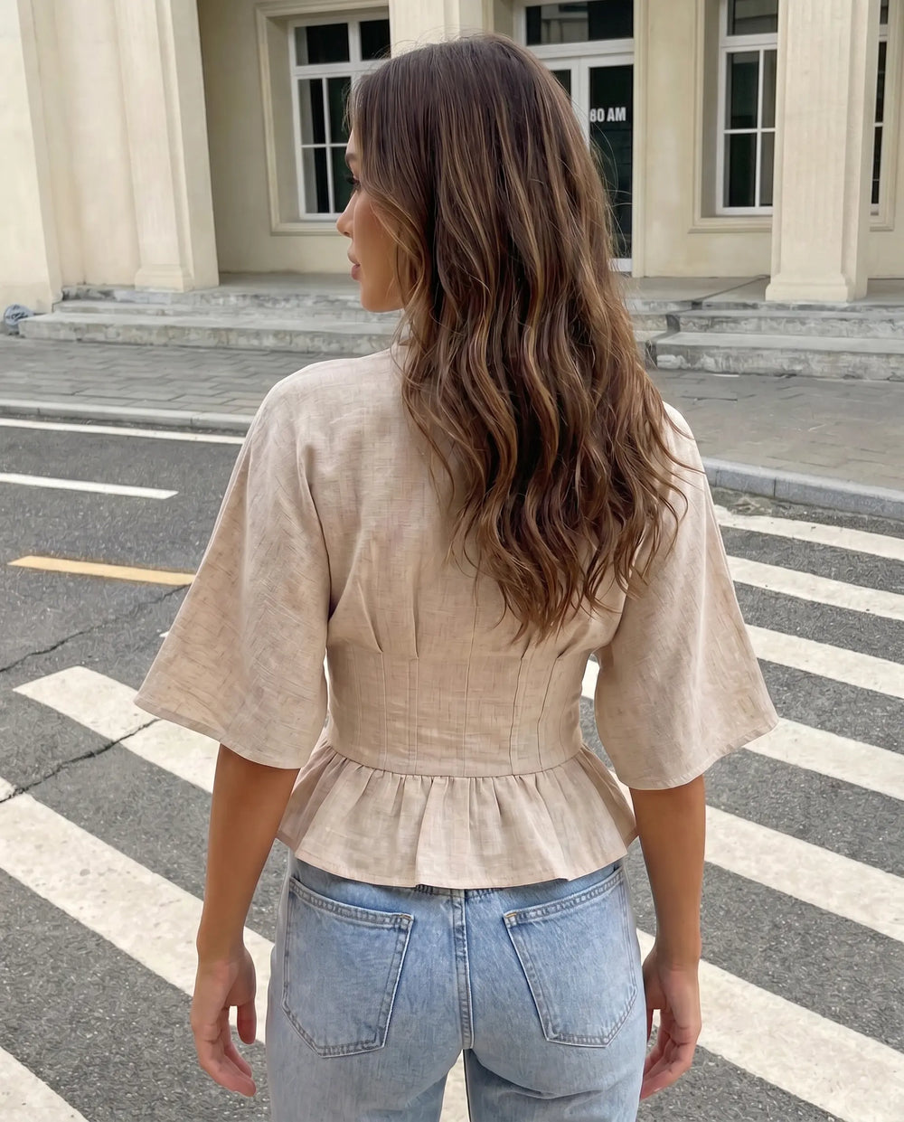 SOLACE  Beige Linen Blend V-Neck Batwing Sleeve Peplum Blouse 