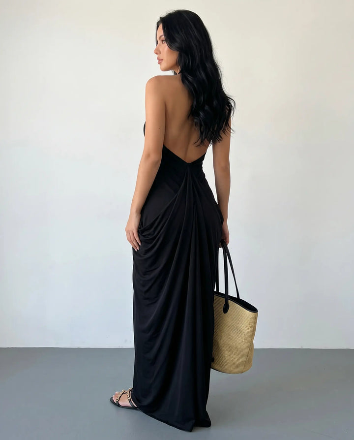 SOLACE  Black Halter Neck Ruched Maxi Dress 