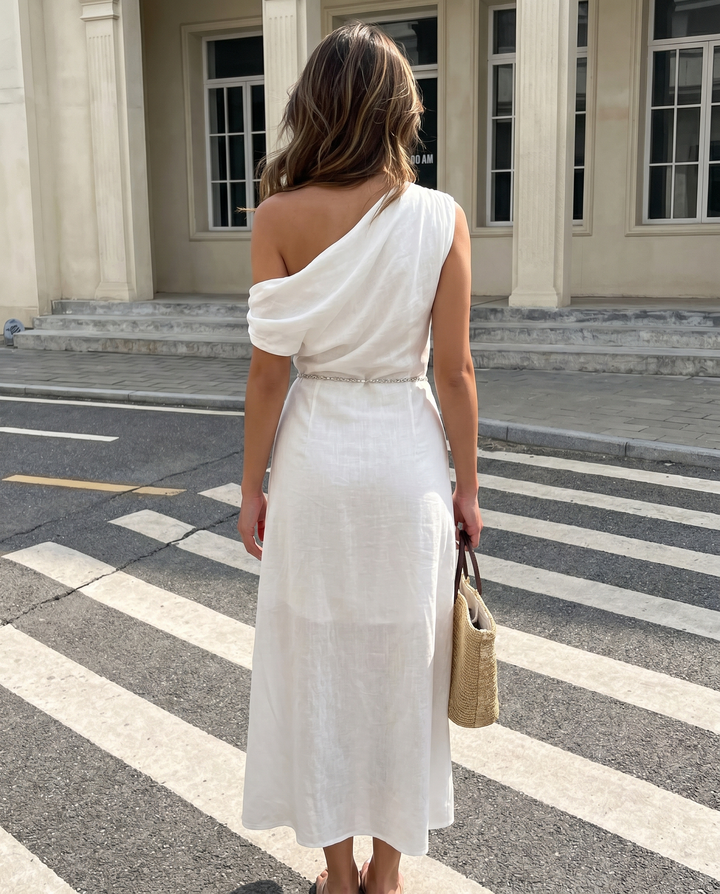 SOLACE  White Asymmetrical Off Shoulder Ruched Midi Dress 