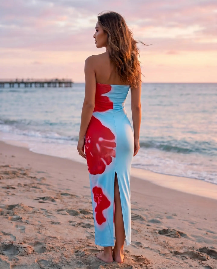 SOLACE  Light Blue Strapless Red Floral Print Maxi Dress 