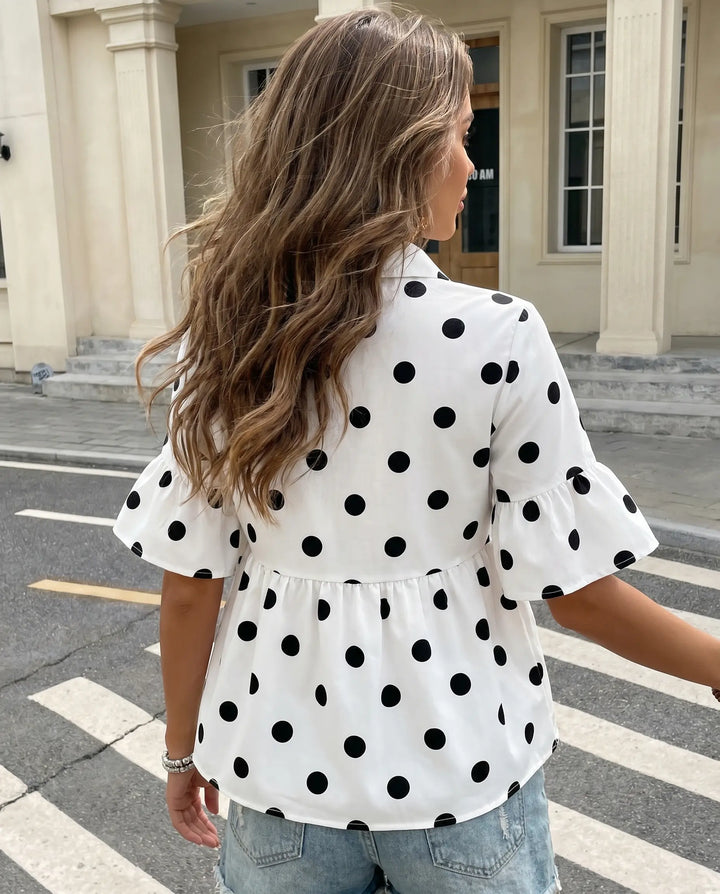 SOLACE  White Polka Dot Cotton Slim Fit Regular Peplum Blouse 