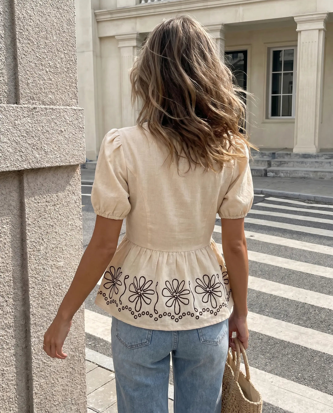 SOLACE  Beige Floral Embroidered Peplum Blouse 