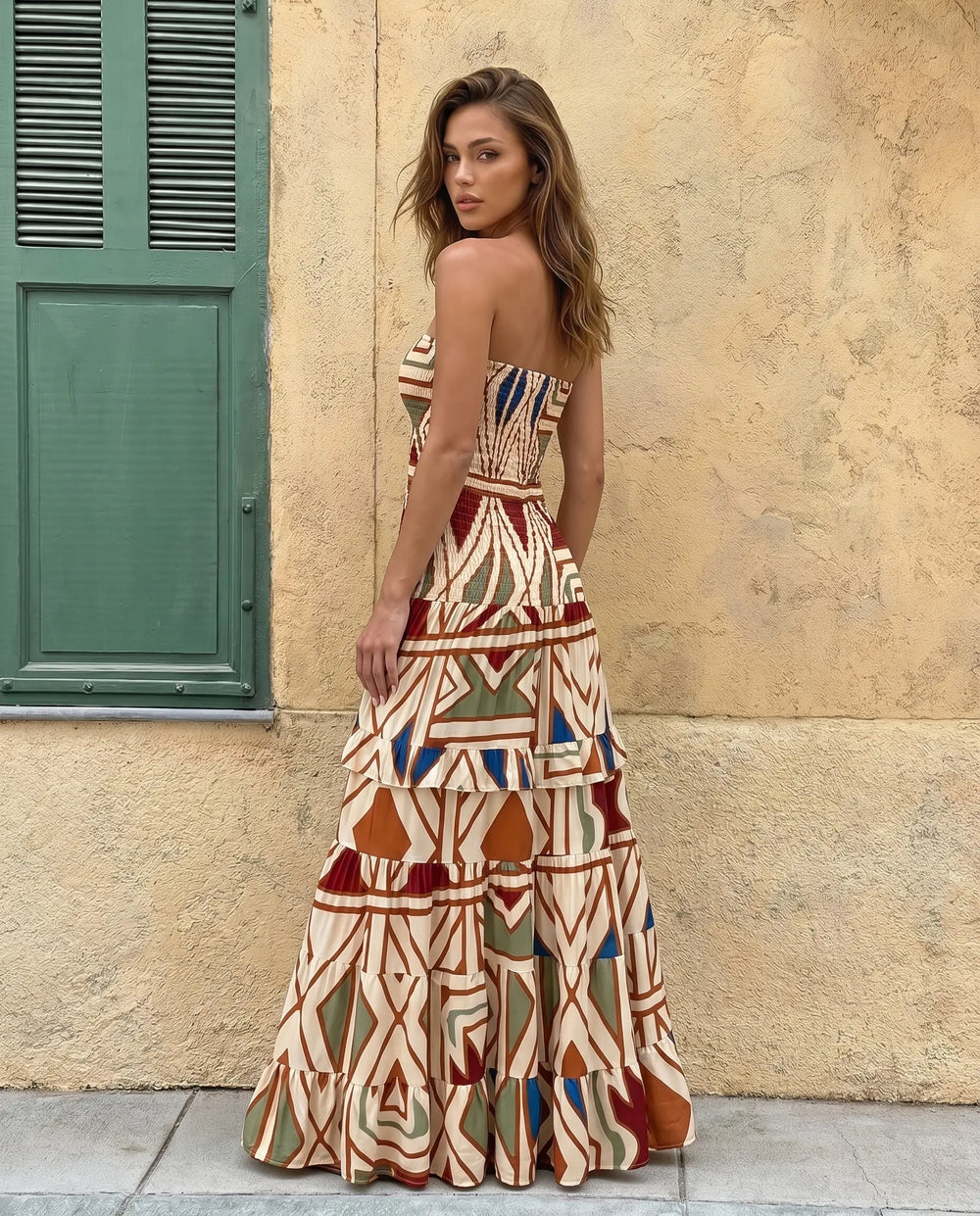 SOLACE  Apricot Print Smocked Waist Strapless Tiered Maxi Dress 