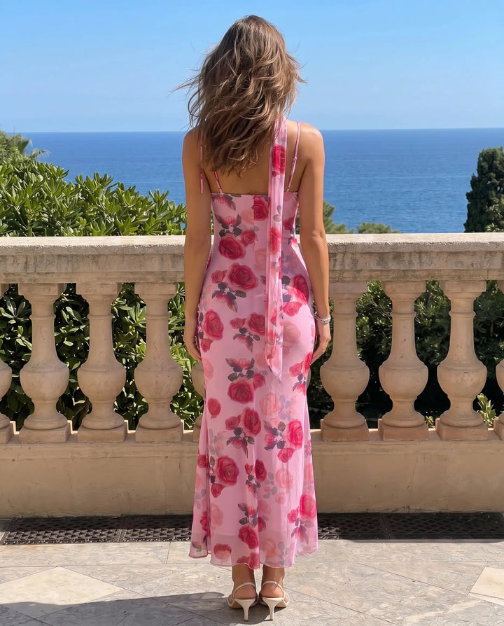 SOLACE  Pink Rose Print Spaghetti Strap Mesh Midi Dress 