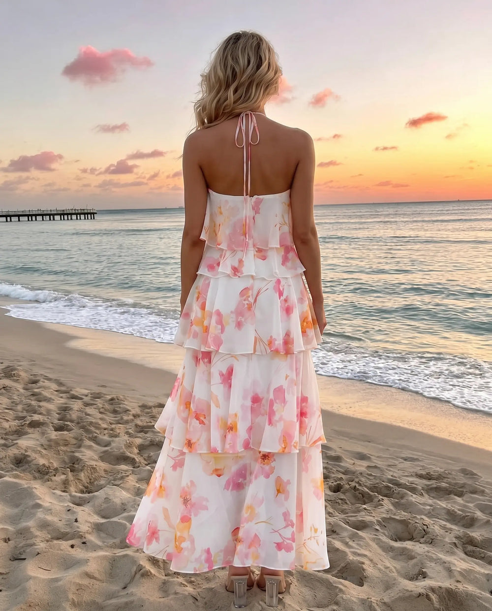SOLACE  White Floral Vacation Tiered Ruffled Relaxed Maxi Dress 