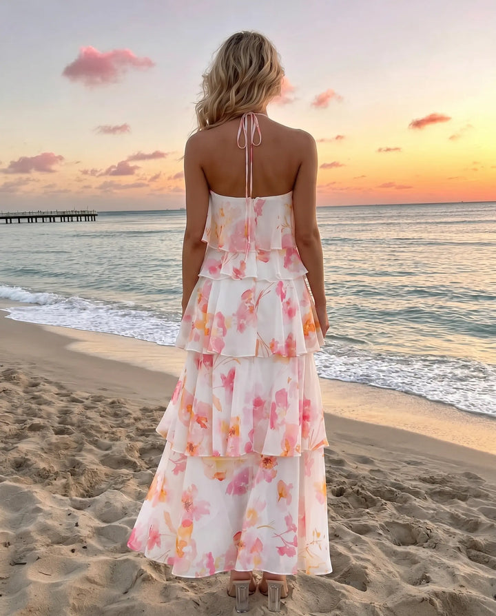SOLACE  White Floral Vacation Tiered Ruffled Relaxed Maxi Dress 