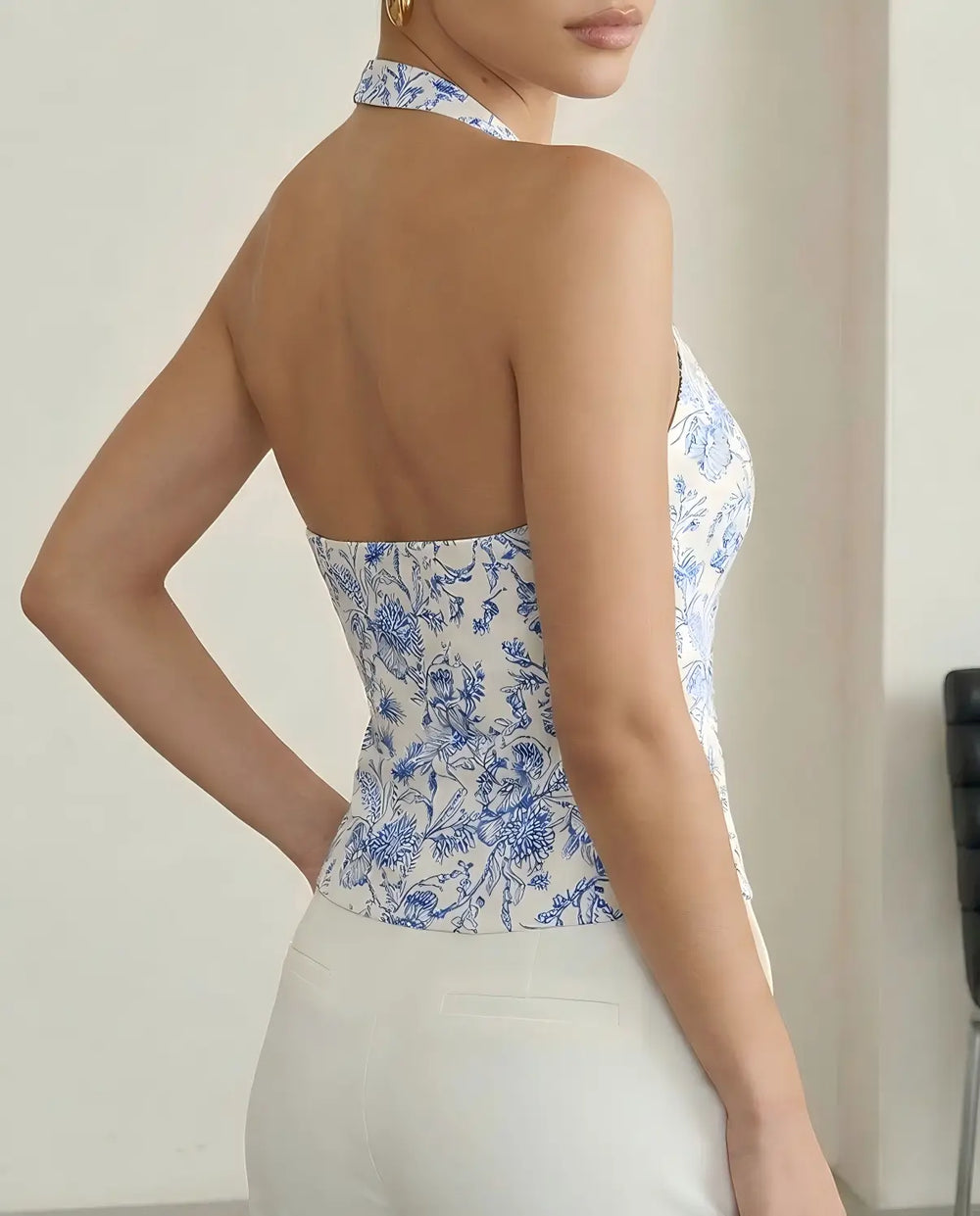 SOLACE  White Floral Print Halter Neck Blouse 