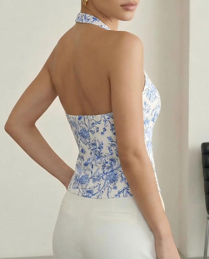 SOLACE  White Floral Print Halter Neck Blouse 