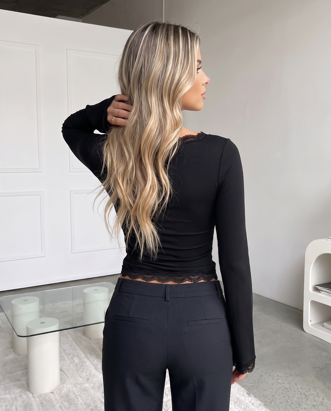 Flare Cuff Lace Trimmed Square Neck T-Shirt