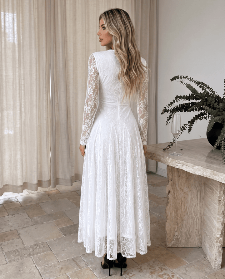 Elegant High‑Neck Lace Maxi Dress