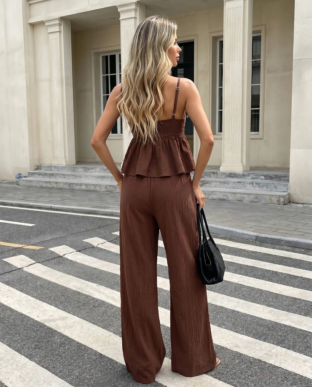 SOLACE  Brown Peplum Camisole And Wide Leg Pants Two Piece Set 