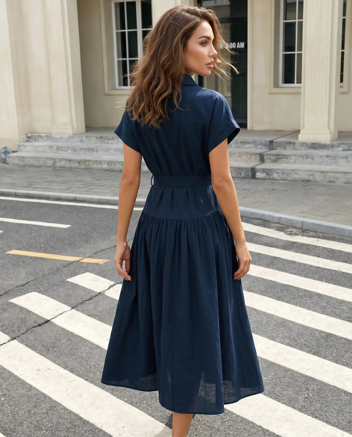 SOLACE  Navy Blue Belted Linen Blend Midi Shirt Dress 