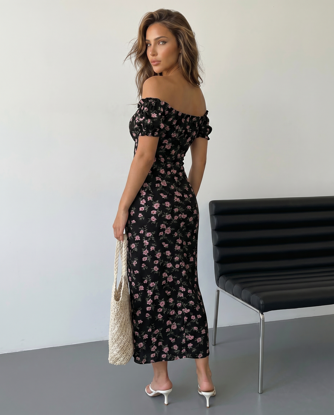 SOLACE  White Pink Floral Print Off-Shoulder Puff Sleeve High Slit Maxi Dress 