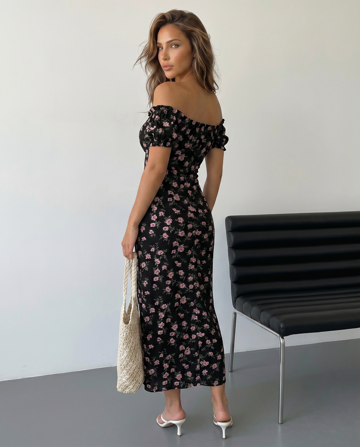 SOLACE  White Pink Floral Print Off-Shoulder Puff Sleeve High Slit Maxi Dress 