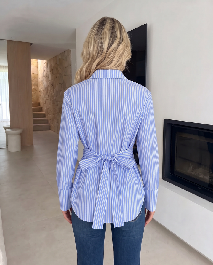 Striped Button Tie‑Waist Long Sleeve Blouse