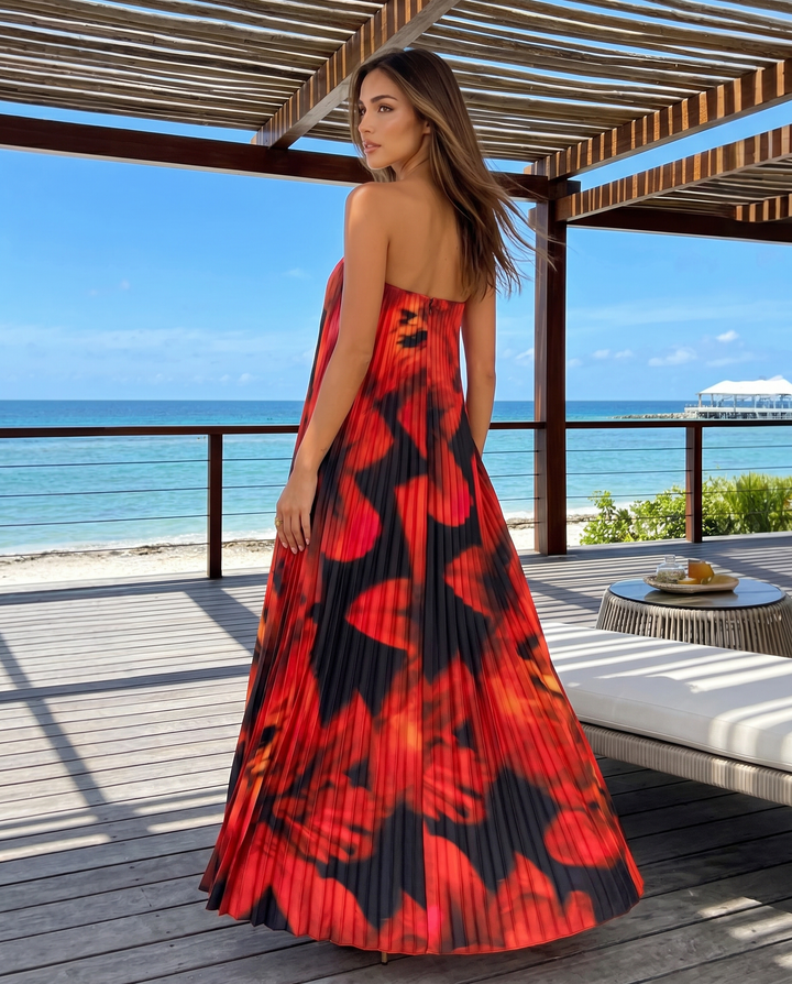 Black Red Floral Print Strapless Notched Tube Pleated Midi Dress