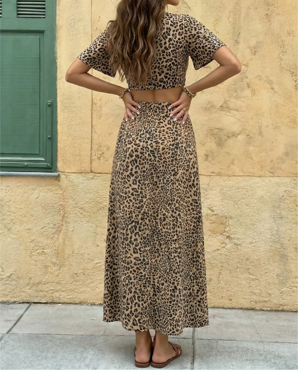 SOLACE  Leopard Print Tie-Front Crop Top and Slit Maxi Skirt Two-Piece Set 