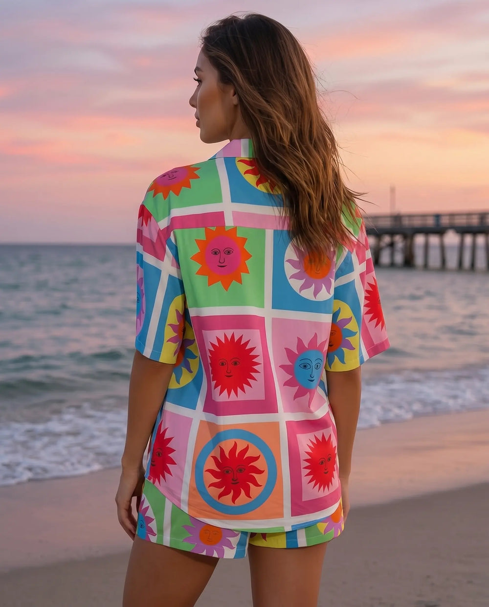 SOLACE  Multicolor Sun Print Button Down Shirt Shorts Set 