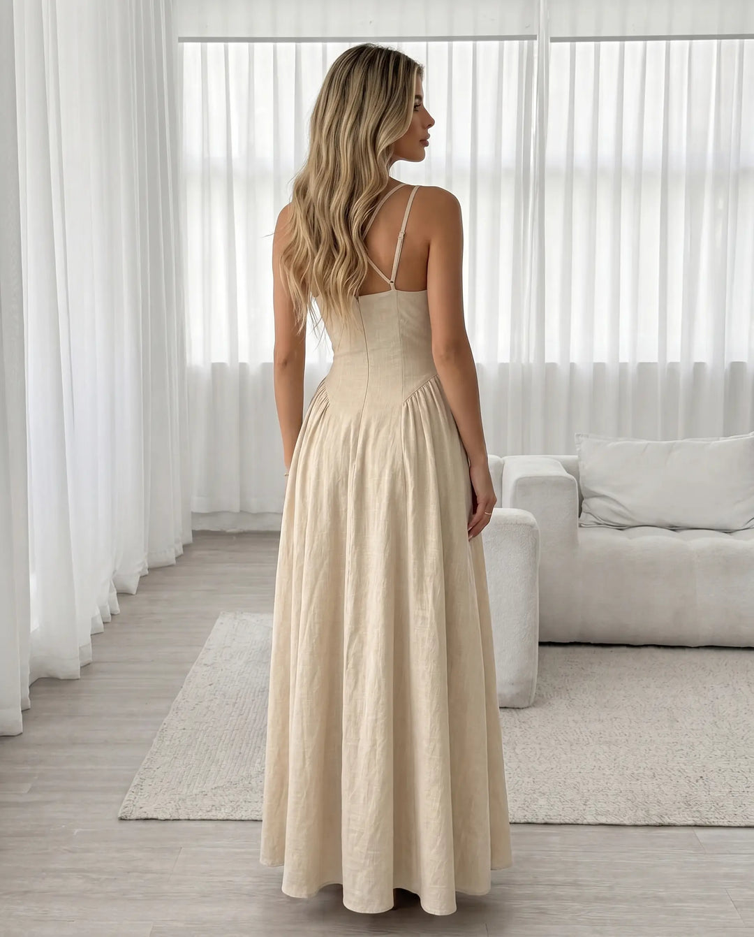 SOLACE  Beige Cross Strap V Neck Maxi Dress 