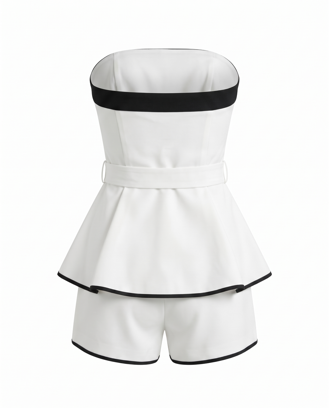 White Trim Strapless Belted Peplum Two-Piece Short Set