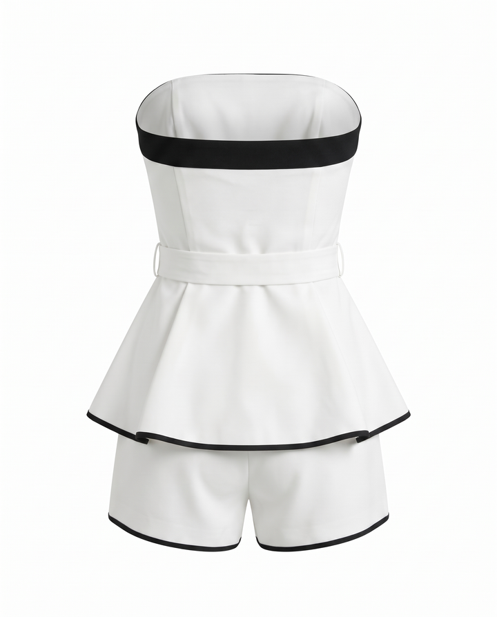 White Trim Strapless Belted Peplum Two-Piece Short Set