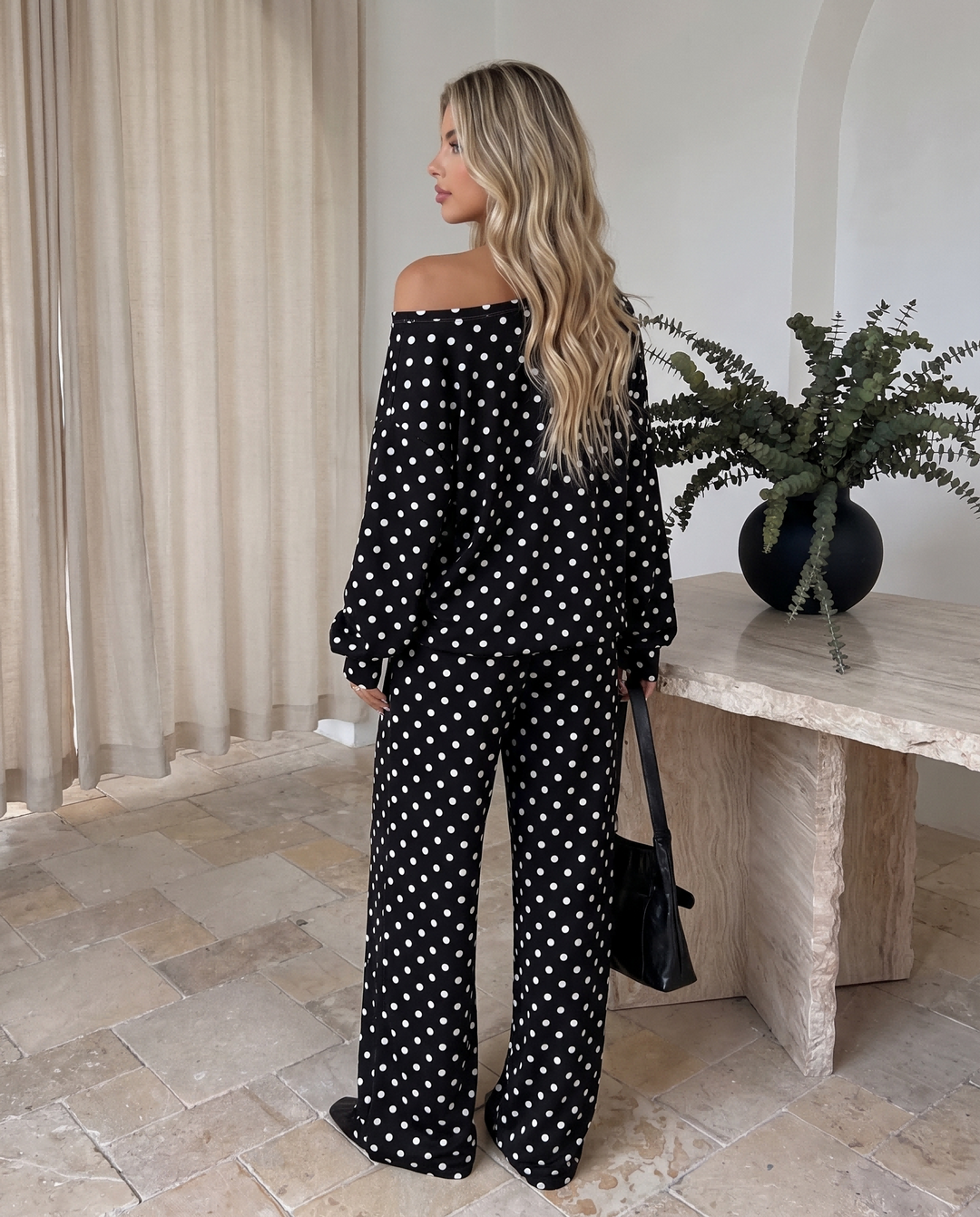 Casual Loose Long Sleeve Polka Dot Two Piece Outfit
