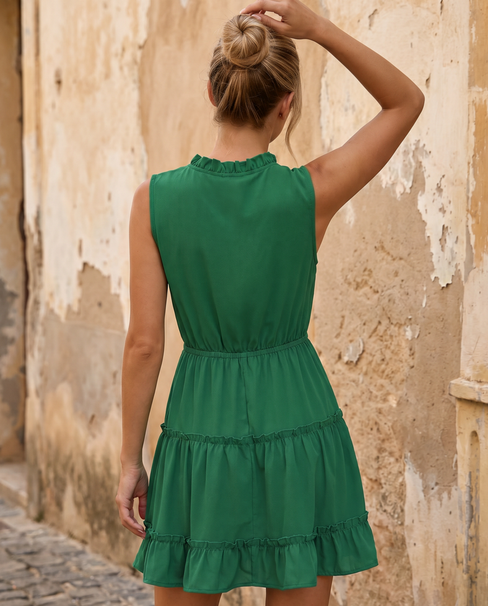 SOLACE  Green Sleeveless Ruffled Tiered Mini Dress 