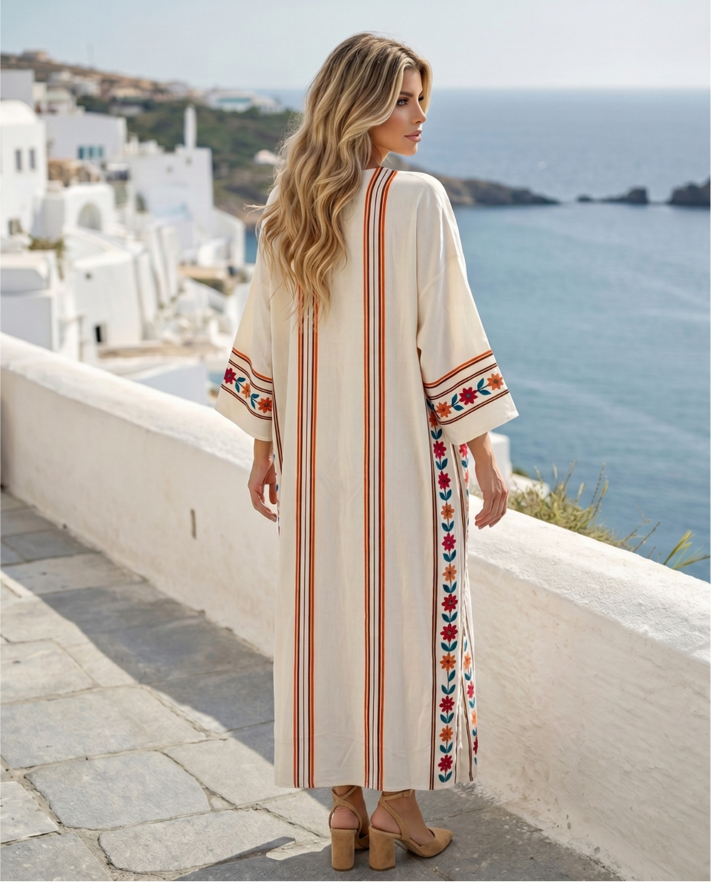 SOLACE  Beige Boho Ethnic Embroidered Cotton Loose Fit Maxi Dress 