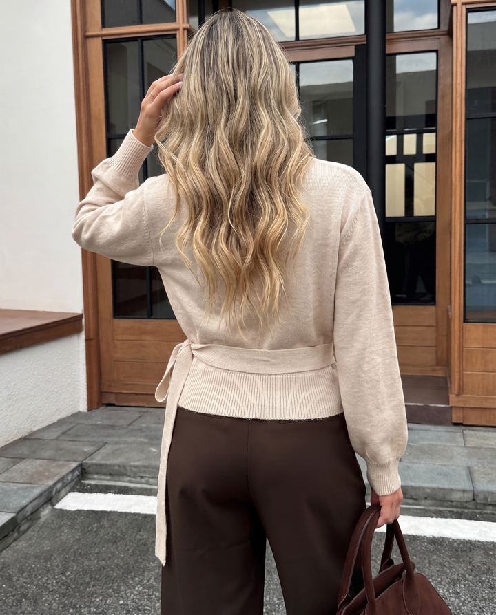 Elegant V‑Neck Lantern Sleeve Waist Tie Knit Sweater