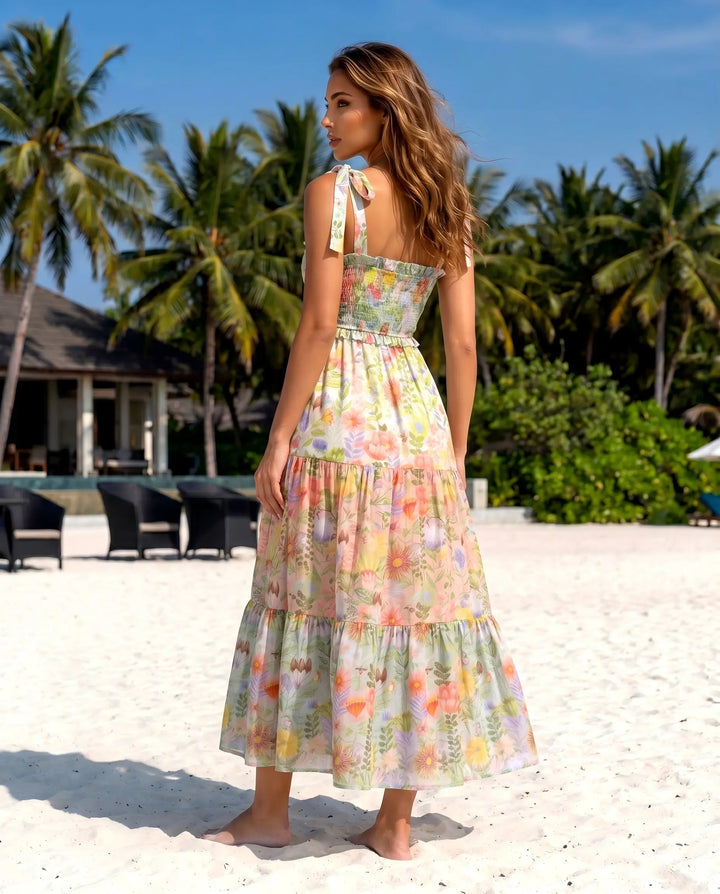 SOLACE  Multi-color Floral Smocked Bodice Regular Fit Midi Dress 