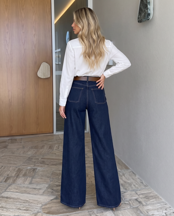 Rhinestone Decorated High Waist Wide Leg Denim Jeans
