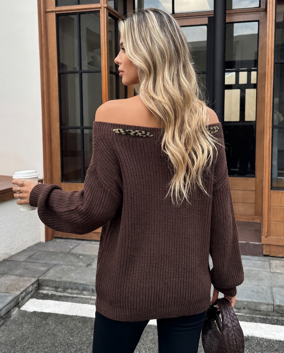 Leopard Bow Decor Off‑Shoulder Knit Sweater