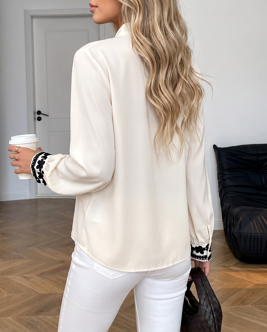 Floral Embroidery Button Front Long Sleeve Blouse