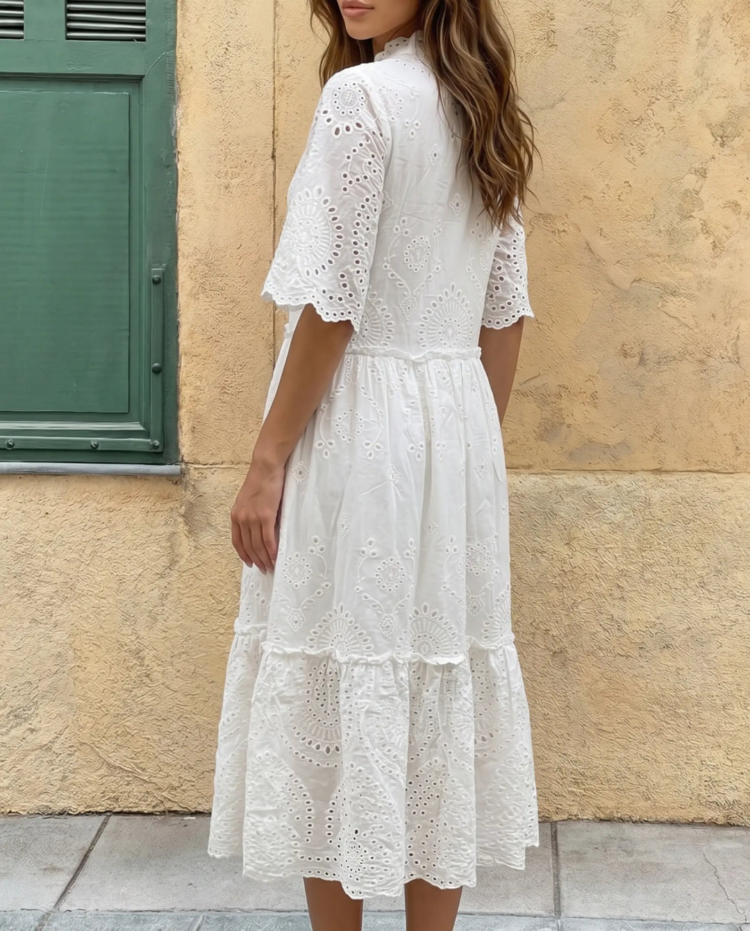 SOLACE  White Eyelet Embroidery V-Neck Tiered Midi Dress 